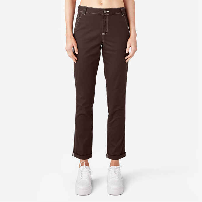 DICKIES WOMENS SLIM STRAIGHT ROLL HEM CARPENTER PANTS - CHOCOLATE BROWN - Dead Bread
