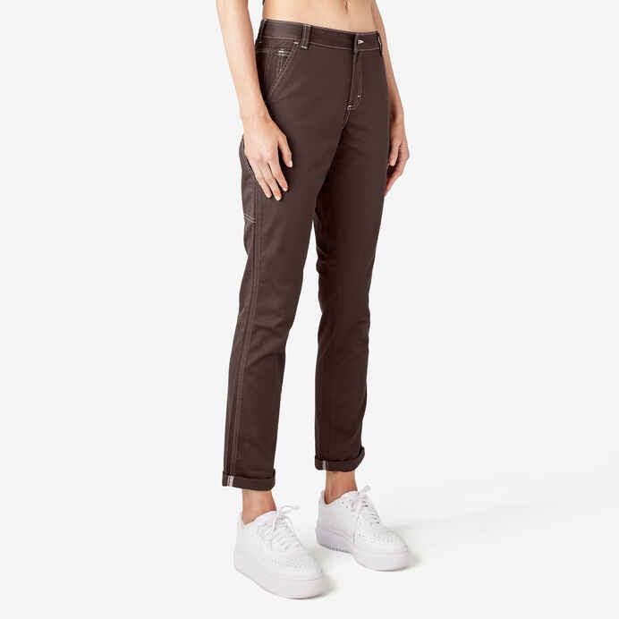 DICKIES WOMENS SLIM STRAIGHT ROLL HEM CARPENTER PANTS - CHOCOLATE BROWN - Dead Bread