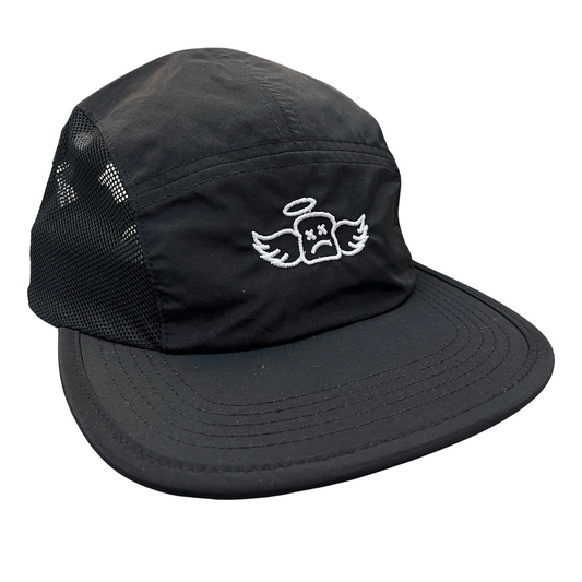 MESHED DRY FIT 5 PANEL CAMPER CAP - BLACK
