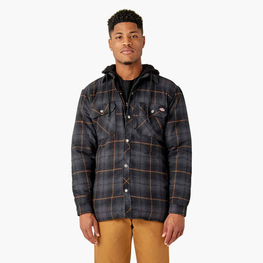 DICKIES WATER REPELLENT HOODED FLANNEL JACKET - BLACK/CHARCOAL OMBRE