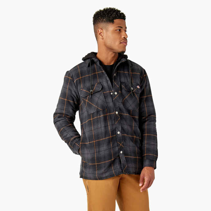 DICKIES WATER REPELLENT HOODED FLANNEL JACKET - BLACK/CHARCOAL OMBRE