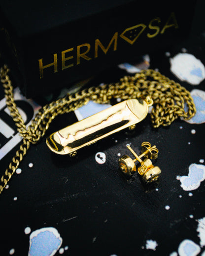 Skateboard Pendant & Earrings Bundle (Gold)