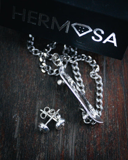 Skateboard Pendant & Earrings Bundle (Silver)